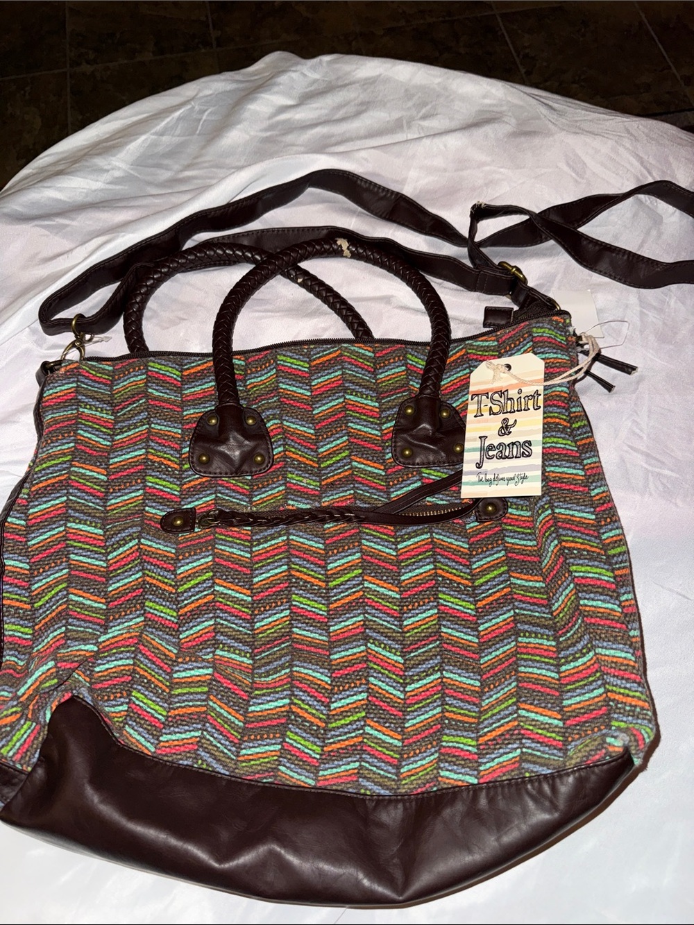 T-Shirt & Jeans Multicolor Chevron Tote with Dark Brown Trim and Handles- NWT